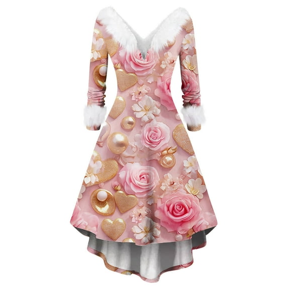 Valentines Day Dresses for Women Plus Size V Neck Long Sleeve High Low Dresses Plush Collar Vintage Holiday Party Dress Pink 2XL