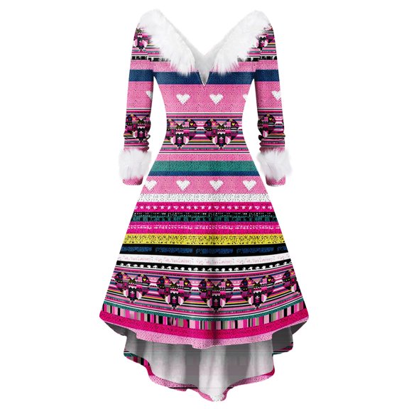 Valentines Day Dresses for Women Plus Size V Neck Long Sleeve High Low Dresses Plush Collar Vintage Holiday Party Dress Purple Pink 2XL