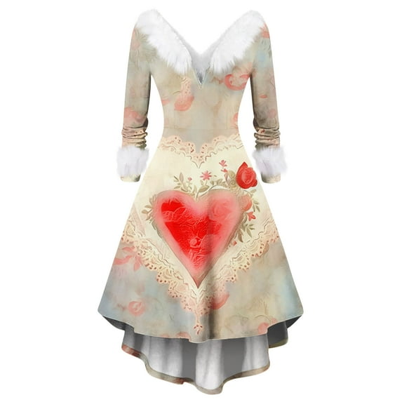 Valentines Day Dresses for Women Plus Size V Neck Long Sleeve High Low Dresses Plush Collar Vintage Holiday Party Dress Vermilion S