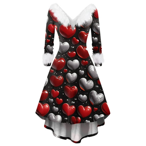 Valentines Day Dresses for Women Plus Size V Neck Long Sleeve High Low Dresses Plush Collar Vintage Holiday Party Dress Wine 2XL