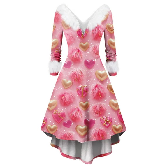 Valentines Day Dresses for Women V Neck High Low Vintage Valentines Day Costumes A-Line Swing Holiday Cocktail Dress Pink XL