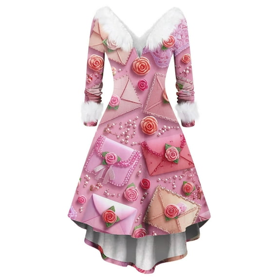 Valentines Day Dresses for Women V Neck High Low Vintage Valentines Day Costumes A-Line Swing Holiday Cocktail Dress Vermilion XL