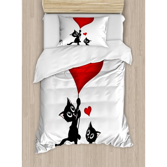 Valentines Day Duvet Cover Set, Cat Holding Heart Shaped Baloons Romantic Love Themed Illustration, Decorative 2 Piece Bedding Set with 1 Pillow Shams, Twin Size, Vermilion Black, by Ambesonne