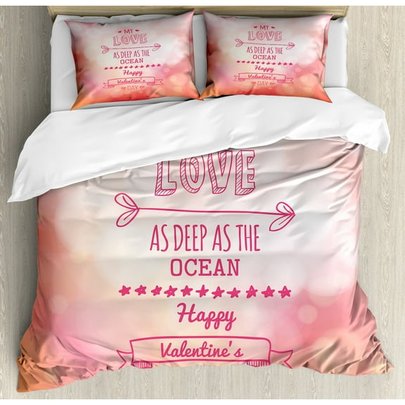 Valentines Day Duvet Cover Set, Color My Love Deep as the Ocean Romantic Her Star Hearts Arrow, Decorative 3 Piece Bedding Set with 2 Pillow Shams, King Size, Pink Coral, by Ambesonne