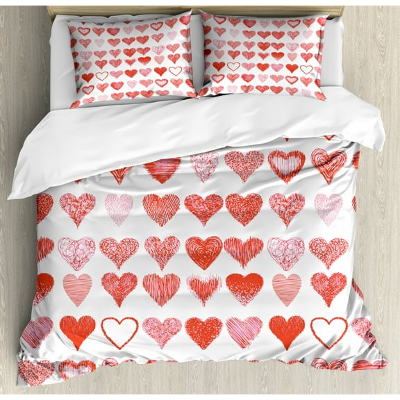 Valentines Day Duvet Cover Set King Size, Heart Symbols of Love and Romance Hand Drawn Style Romantic Art, Decorative 3 Piece Bedding Set with 2 Pillow Shams, Vermilion Pink White, by Ambesonne