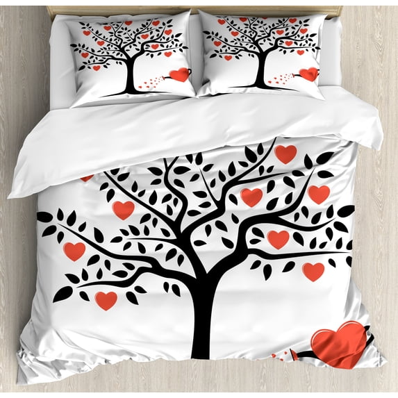 Valentines Day Duvet Cover Set, Love Tree with Heart Romance Fruits Leaves Forest Couple Art, Decorative 3 Piece Bedding Set with 2 Pillow Shams, Queen Size, Vermilion Black, by Ambesonne