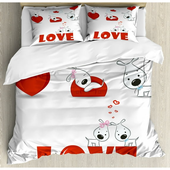 Valentines Day Duvet Cover Set, Puppy Love Hearts and Dogs His Hers Heart Balloon Romantic Print, Decorative 3 Piece Bedding Set with 2 Pillow Shams, Queen Size, Red White, by Ambesonne