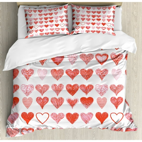 Valentines Day Duvet Cover Set Queen Size, Heart Symbols of Love and Romance Hand Drawn Style Romantic Art, Decorative 3 Piece Bedding Set with 2 Pillow Shams, Vermilion Pink White, by Ambesonne