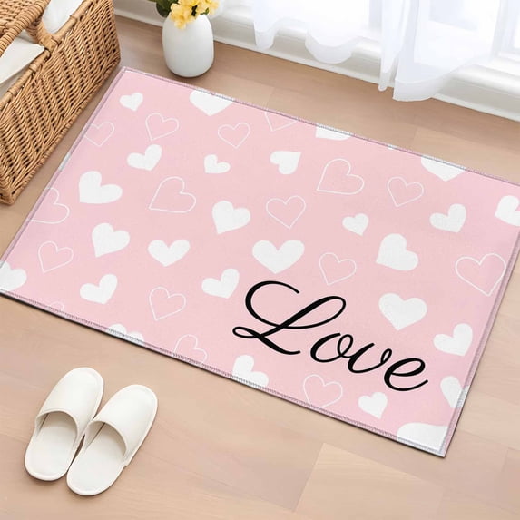 Valentines Day Entryway Rug 2'x3' Non Slip Front Door Mats, Pink White Love Hearts Romantic Entrance Rugs Indoor Outdoor Carpet, Washable Floor Mats Small Area Rug for Bedroom Kitchen