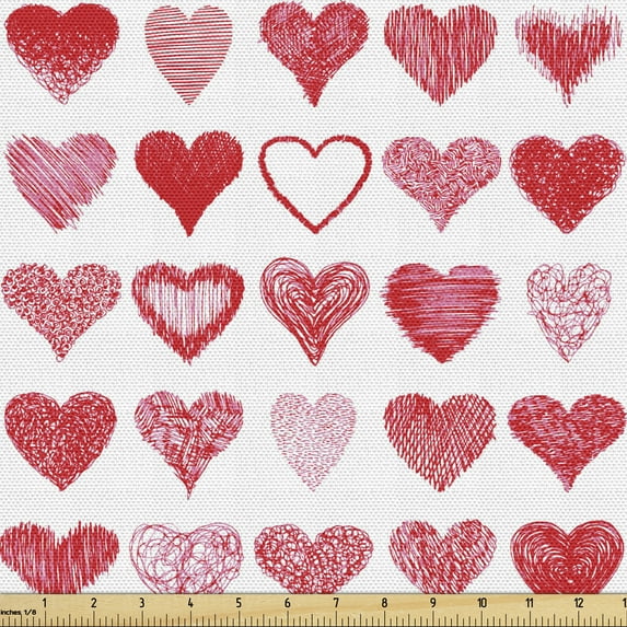 Ambesonne Valentines Day Fabric by the Yard Upholstery, Romantic Hearts, 2 Yards, Vermilion Pink White