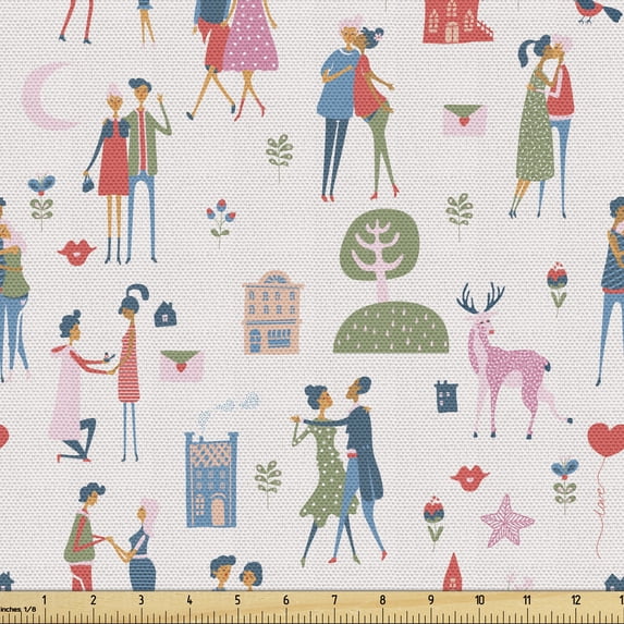 Ambesonne Valentines Day Fabric by the Yard Upholstery, Romantic Couples, 1 Yard, Multicolor