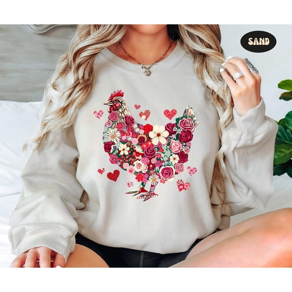 Valentines Day Farm Chickens Sweatshirt, Valentine Farm Chicken Flower Sweater, Animal Lover Gift, Animal Valentines, Chicken Lover SWEATSHIRT All Size S-5XL