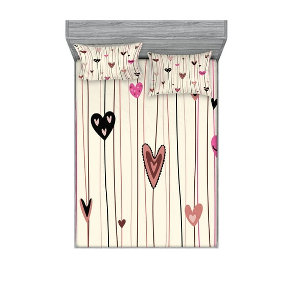 Valentines Day Fitted Sheet & Pillow Sham Set, Hearts in Various Shapes Sizes with Doodle Lines Love Themed Image, Decorative Printed 6 Piece Bedding Decor Set, Full, Black Coral Pink, by Ambesonne