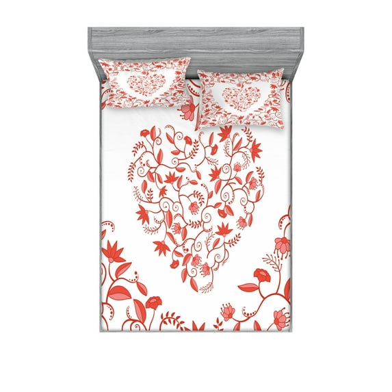 Valentines Day Fitted Sheet & Pillow Sham Set, Paisley Floral Details with Leaves and Roses in a Shape of Heart Frame Image, Decorative Printed 6 Piece Bedding Decor Set, Queen, Red, by Ambesonne