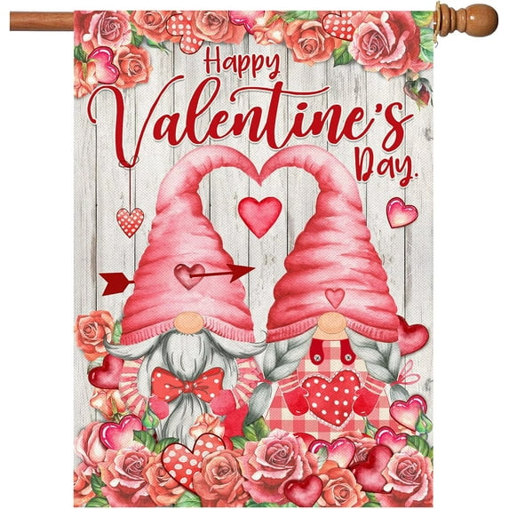 Valentines Day Flag, Valentine Flags 28 x 40 Double Sided, Happy Valentine''s Day Gnomes with Roses Burlap House Flag Farmhouse Love Heart Signs for Outdoor Lawn Garden Décor