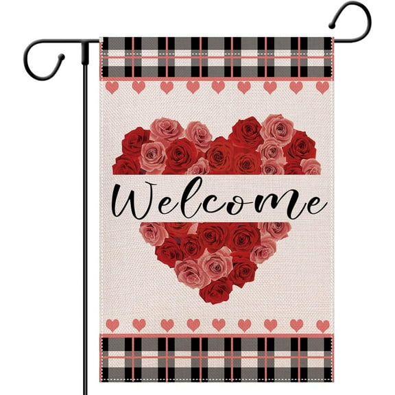 Valentines Day Flags for Outdoors 28 X 40 Double Sided Large Happy Valentine''s Day House Flags Burlap Farmhouse Rustic Welcome Decorative Holiday Flags for Porch Decor Outside Decoration Rose Heart