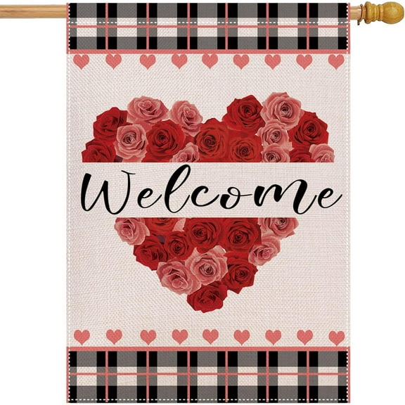 Valentines Day Flags for Outdoors 28x40 Double Sided Large Happy Valentine''s Day House Flags Burlap Farmhouse Rustic Welcome Decorative Holiday Flags for Porch Decor Outside Decoration Rose Heart