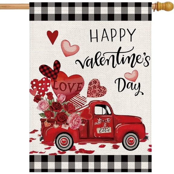 Valentines Day Flags for Outdoors 28x40 Double Sided Large Happy Valentine''s Day House Flags Burlap Farmhouse Rustic Welcome Decorative Holiday Flags for Porch Decor Outside Decoration Red Truck