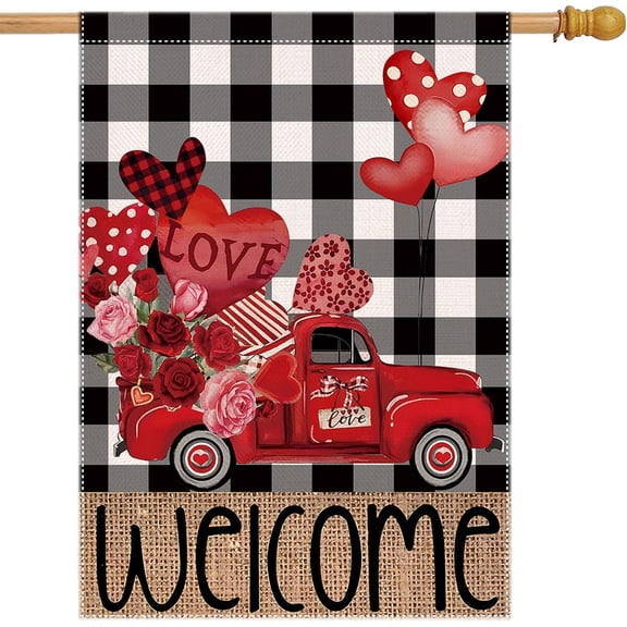 Valentines Day Flags for Outdoors 28x40 Double Sided Large Happy Valentine''s Day House Flags Burlap Farmhouse Rustic Welcome Decorative Holiday Flags for Porch Decor Outside Decoration Love Truck