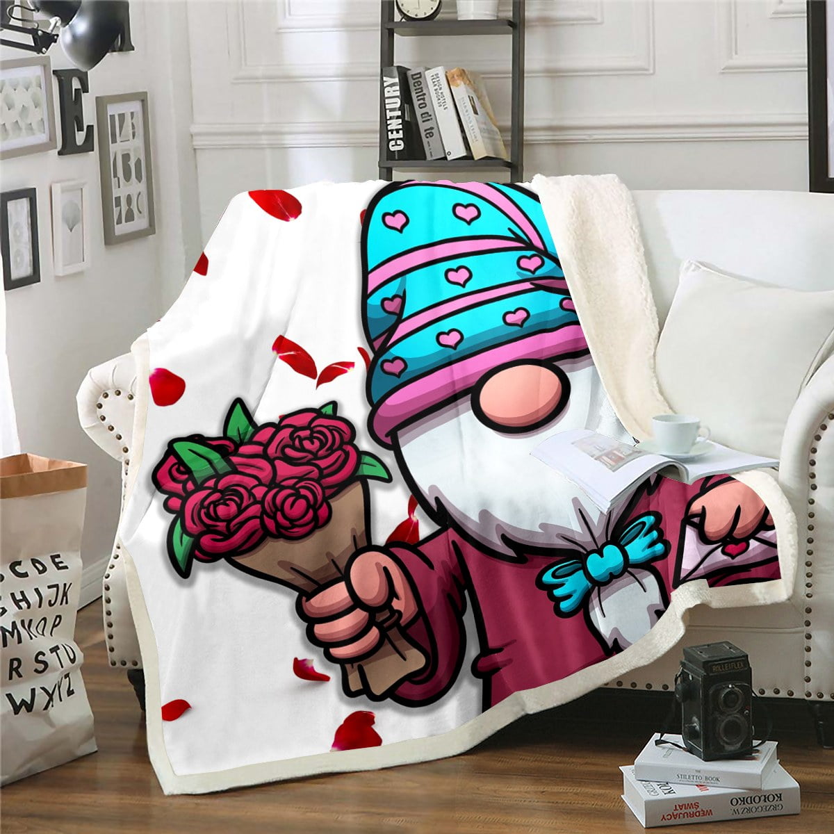 Valentines Day Fleece Blanket Valentine Gnome Throw Blanket Red Rose