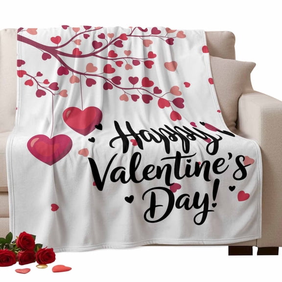Valentines Day Fleece Throw Blanket Lightweight Romantic Spring Red Pink Hanging Love Heart Tree Fuzzy Flannel Throws Super Soft Cozy Flannel Blanket for Couch, Sofa, Bed, Travel 60"x80"