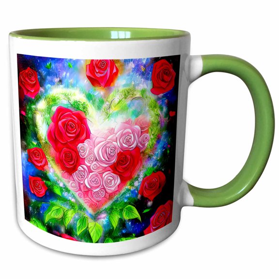 3drose, Valentines Day. Floral Heart Full of Red, Pink Rose Flowers for You, 11oz Two-tone Green Mug