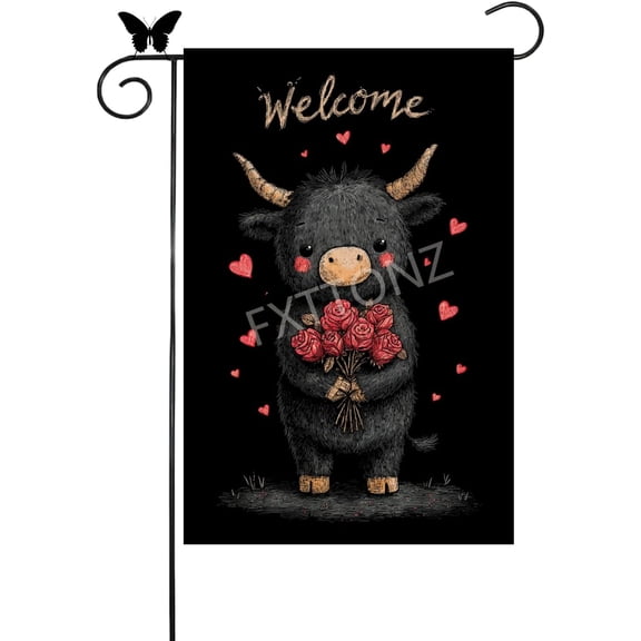 Valentines Day Floral Highland Cow Garden Flag 12x18 Inch Double Sided for Outside Welcome Roses Small Burlap Linen Holiday Yard Decoration (27823)