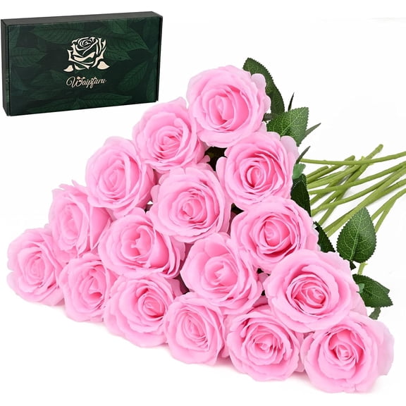 Valentines Day Flowers, Fake Roses Artificial Flowers with Long Stems, Silk Pink Roses Bouquet for Wedding Vase Mothers Day Flower Arrangement Home Decor (Pink)