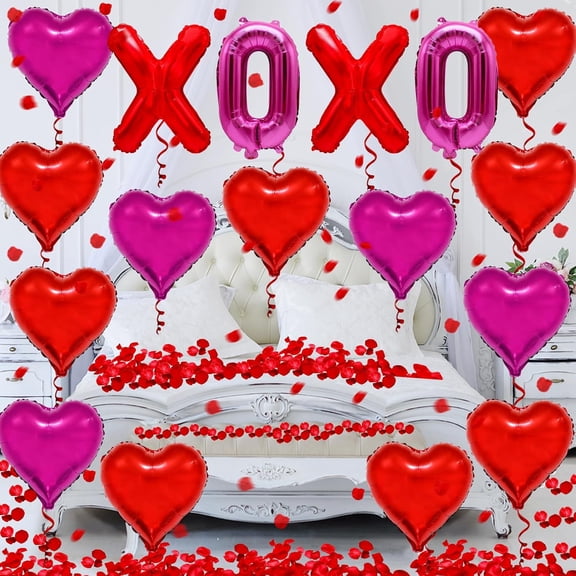Valentines Day Foil Balloons, Valentine XOXO Balloons Red Heart Balloons with Rose Petals for Valentines Day Party Bridal Shower Wedding Romantic Decor