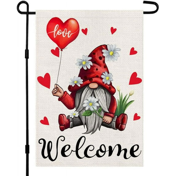 Valentines Day Garden Flag 12×18 Inch Double Sided for Outside Love Gnomes Farmhouse Rustic Seasonal Yard Decoration DF170
