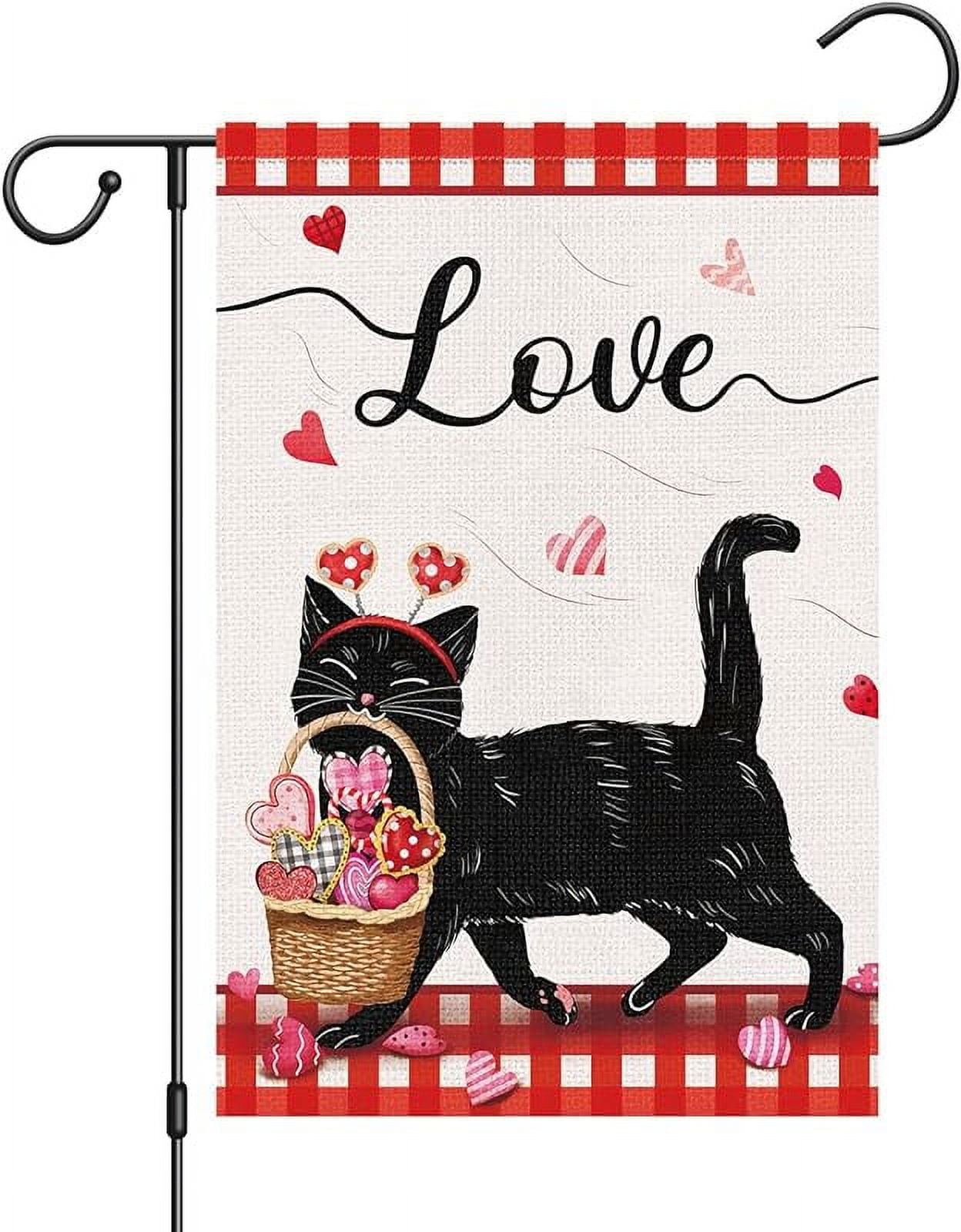Valentines Day Garden Flag Double Sided, Small Burlap Welcome Black Cat Spring Garden Yard Flags Love Heart for Anniversary Wedding Valentines House Outdoor Decor (ONLY FLAG)