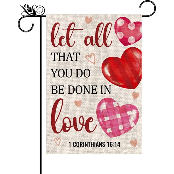 Valentines Day Garden Flag Valentine Let All That You Do Be Done In Love Flags for Outside Vertical Burlap Double Sided Jesus Nativity Outdoor Yard Decor 12.5x18 Inch
