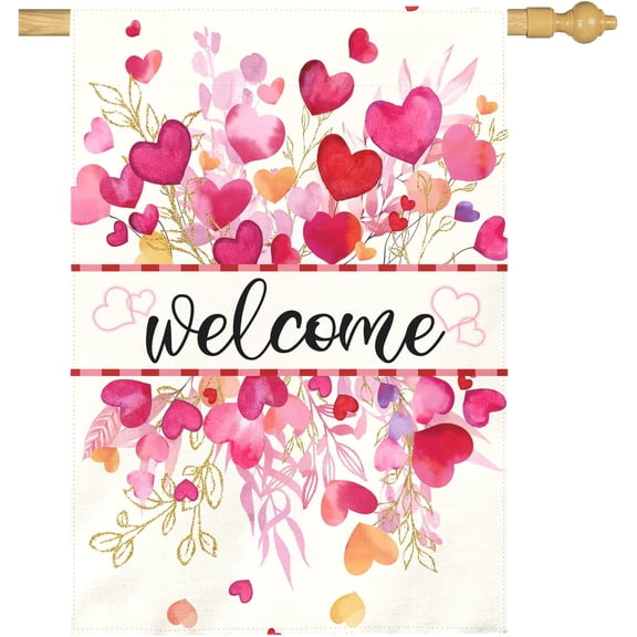 Valentines Day Garden Flag Welcome Heart Large Double Sided House Banner Romantic Red Pink Love Hearts Yard Flags for Porch Patio Lawn Farmhouse Wedding Anniversary Party Decor 28x40 Inch