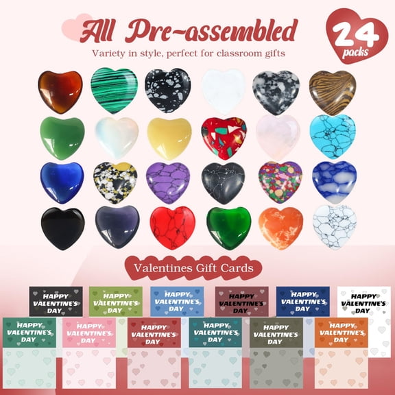 Valentines Day Gem Gifts for Ki-ds 24 Pack Prefilled Valentine's Day Cards with Heart-shaped Gemstone for Sch-ool Classroom Class Party Favor Valentine Rock Crystal Gift Exchange for Bo-ys Gir-ls