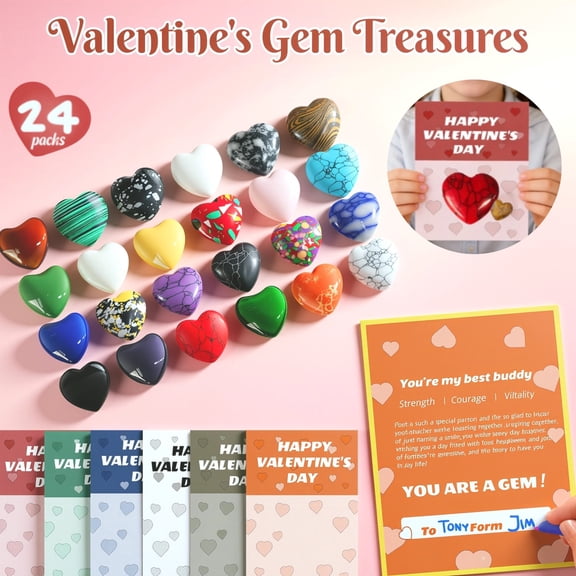 Valentines Day Gem Gifts for Ki-ds 24 Pack Prefilled Valentine's Day Cards with Heart-shaped Gemstone for Sch-ool Classroom Class Party Favor Valentine Rock Crystal Gift Exchange for Bo-ys Gir-ls