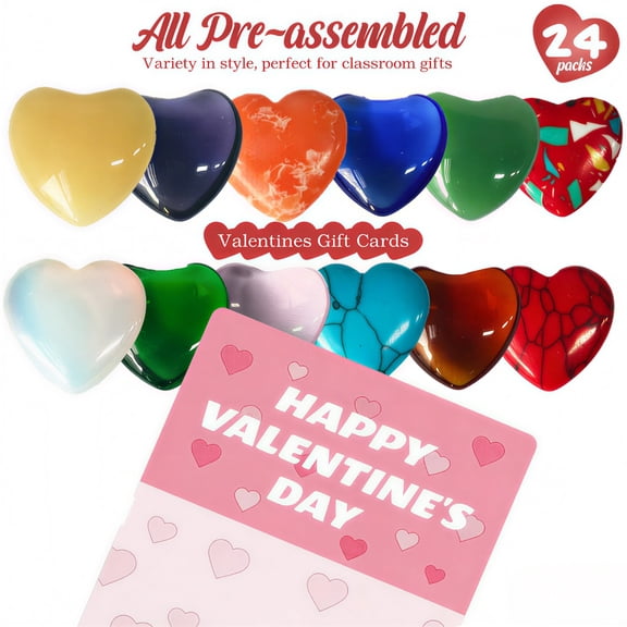 Valentines Day Gem Gifts for Ki-ds 24 Pack Prefilled Valentine's Day Cards with Heart-shaped Gemstone for Sch-ool Classroom Class Party Favor Valentine Rock Crystal Gift Exchange for Bo-ys Gir-ls
