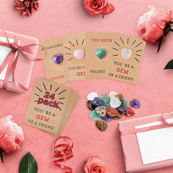 Valentines Day Gem Gifts for Kids,24 Pack Prefilled Valentine's Day Cards with Heart-shaped Gemstone for School Classroom Class Party Favor, Valentine Rock Crystal Gift