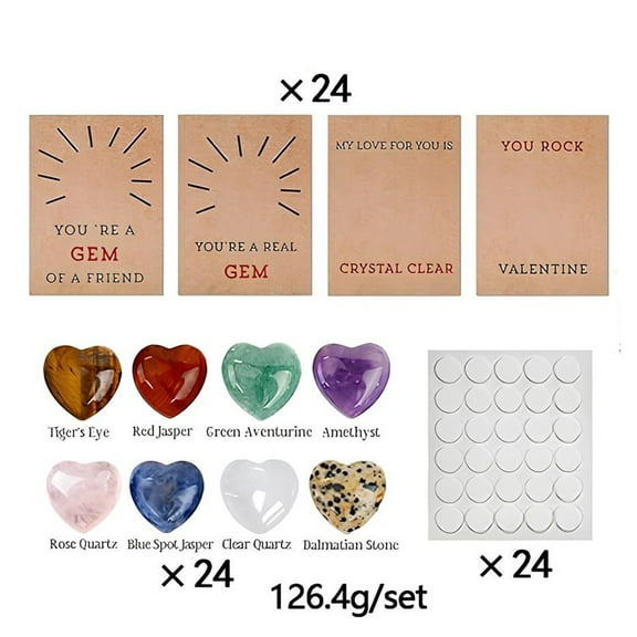 Valentines Day Gem Gifts for Kids - 24 Pack Prefilled Valentine's Day Cards with Heart-shaped Gemstone for School Classroom Class Party Favor, Valentine Rock Crystal Gift Exchange for Boys Girls