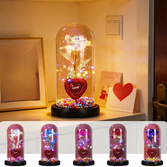 Valentines Day Gift for Him Valentines Day Rose Heart Shaped Night Light Birthday Gift Starrys Skys Glass Rose Preserved Crystal Flower Glowing Rose Inside Glass Dome Heartshaped Nigh