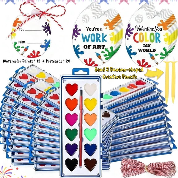 Valentines Day Gifts-16 Colors 36Pc Valentine Watercolor Paint Set,Valentines Party Favors,Valentines Day Gifts For Kids,For Prizes Exchange Gifts Valentines Party Favors For Preschool School