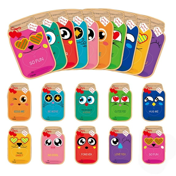 Valentines Day Gifts - 50pcs Valentine's Day Cards with Colorful Jar Drift Bottle for Party Favor, Valentine Gift Exchange for Boys Girls