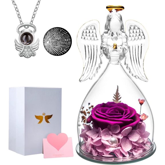 Valentines Day Gifts for Her Birthday Gifts for Women,Angel Birthday Gifts for Women Preserved Flower Rose in Glass Angel Figurines with Necklace,Purple Flower Gifts for Grandma Mother Sister Wife