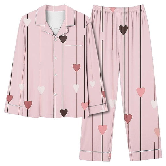 Valentines Day Gifts Iyufng Valentine's Day Pajama Sets for Women Plus Size,Casual Loose Fashion Valentines Love Heart Printed Long Pants Long Sleeve Turndown Collar Sleepwear Sets S-XXXL