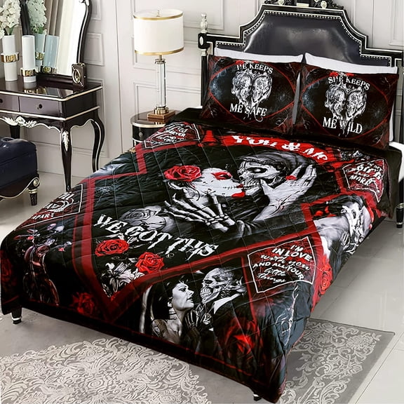 Valentines Day Gifts for Couples - Gothic Skull King Size Bedding Set