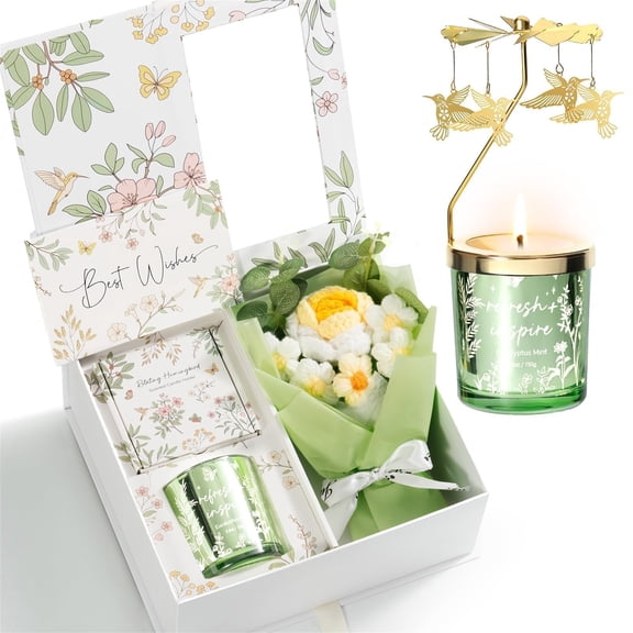 Valentines Day Gifts for Her - Crochet Flower Bouquet with Hummingbird Rotating Scented Candles Gift Baskets Set, Unique Birthday Gifts for Women Mom Wife Girlfriend, Green