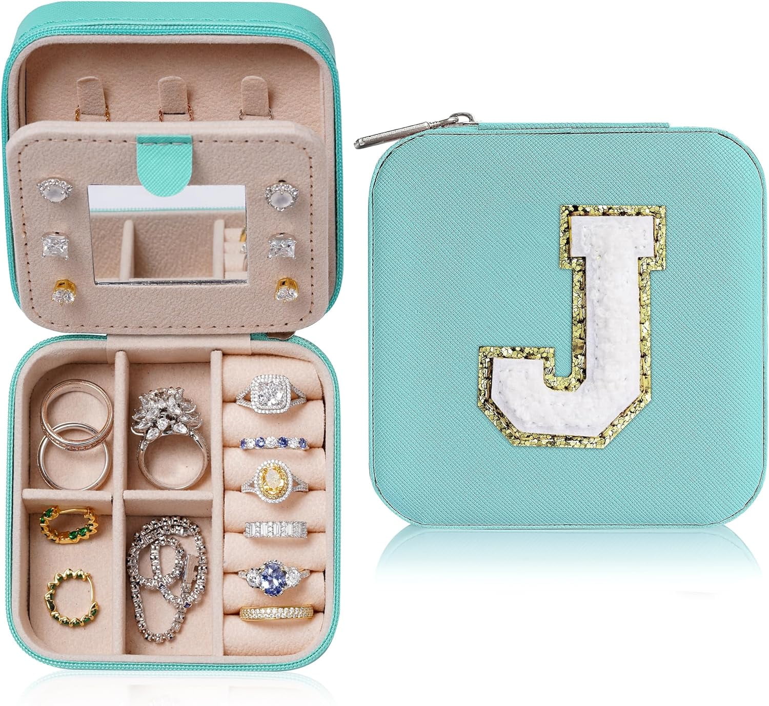 Valentines Day Gifts For Girls - Travel Jewelry Case For Girls Jewelry Box | Gifts For Friends Women Unique Christmas Gifts For Women | Friends Gifts Personalized Gifts - Letter J, Aqua Blue[Z1]