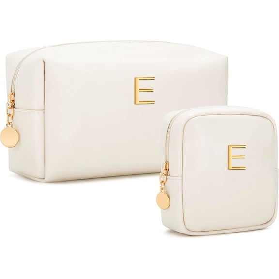 Valentines Day Gifts for Her - Initial Makeup Bag Set Travel Toiletry Bag Bags Birthday Gifts for Women Soft PU Leather Makeup Pouch Travel Essentials (Beige,E)
