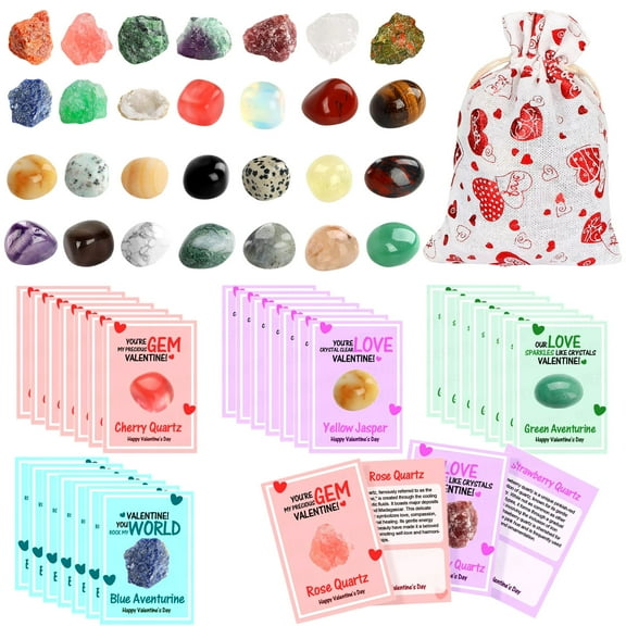 Valentines Day Gifts for Kids - 28 Sets Valentines Day Cards with Natural Gemstone Crystals Rocks Minerals, Valentine Exchange Card Gift for School Classroom, 7 Different Designsn