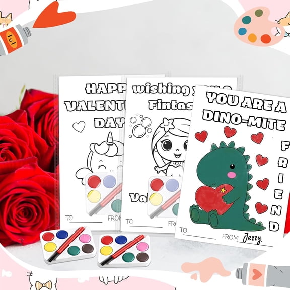 Valentines Day Gifts Mini Watercolor Paint Set with Painting Small Animals Cards Tray Paint Brush Bag for Art Party Favor