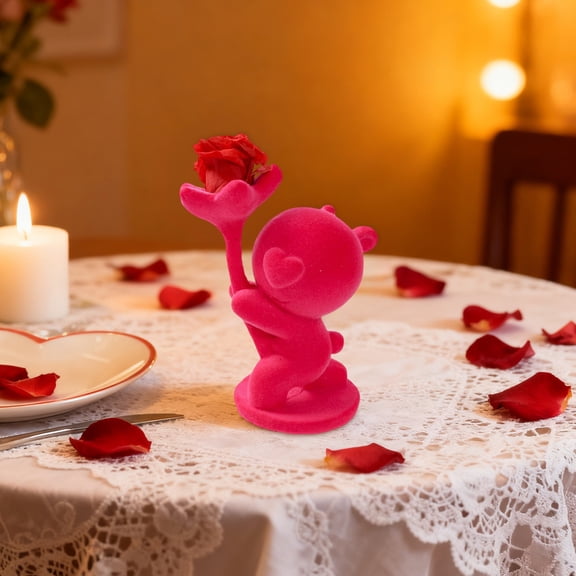 Valentines Day Gifts, Rose Bear with Preserved Eternal Rose Flowers, Flocked Decor Bear Figurine, Valentine's Day Decorations, for Girlfriend, Wife, Anniversary